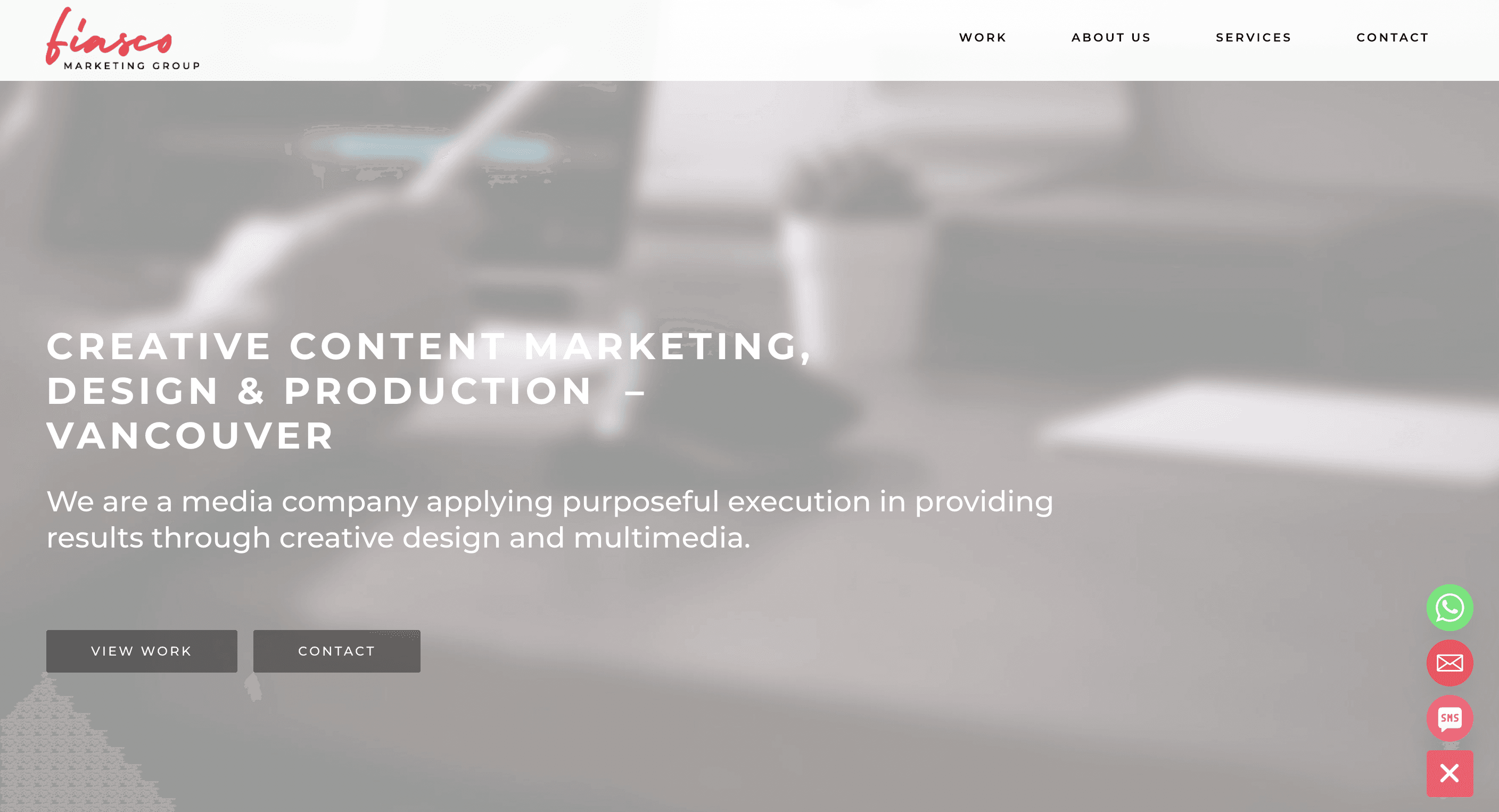 Screenshot of Fiasco Marketing Group website homepage, highlighting their services in creative content marketing, design, and production in Vancouver.