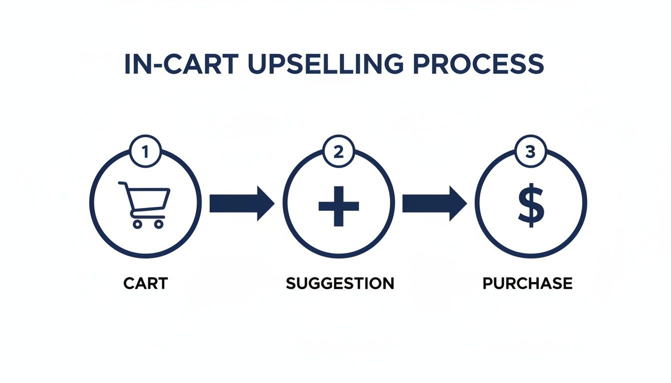Flowchart illustrating the in-cart upselling process with steps: cart, suggestion, and purchase.