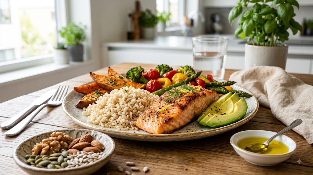 A nutrient-dense healthy meal of grilled salmon, brown rice, avocado, roasted sweet potatoes, and mixed nuts served on a wooden table.