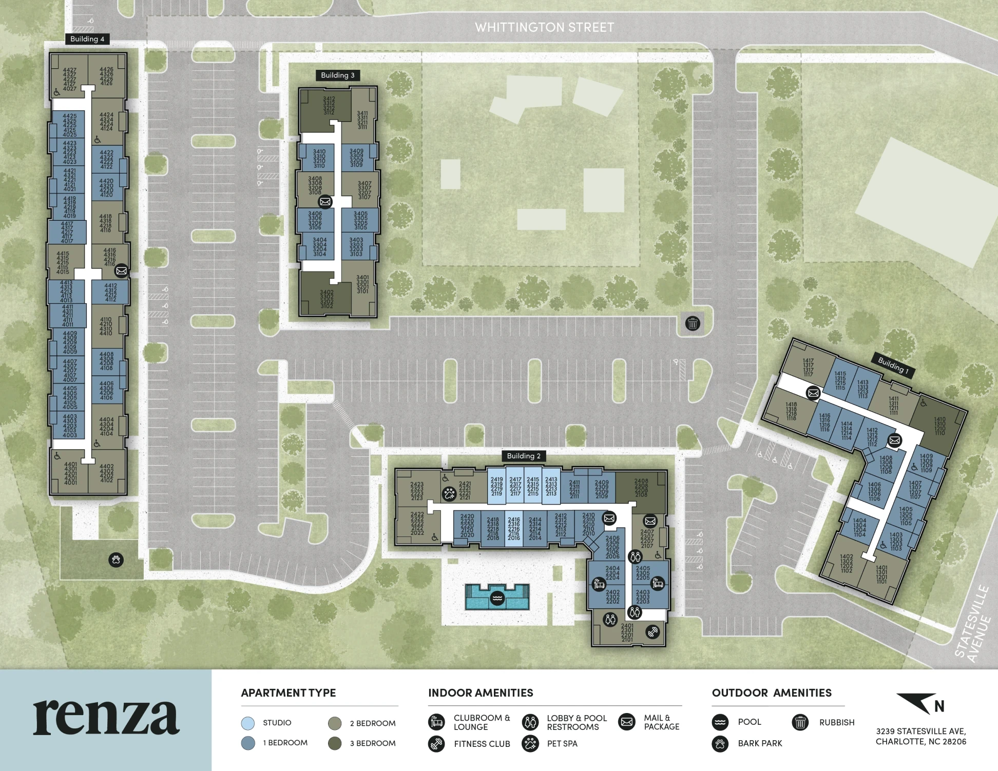 Renza apartments site map with buildings, parking, pathways, units, and amenities.