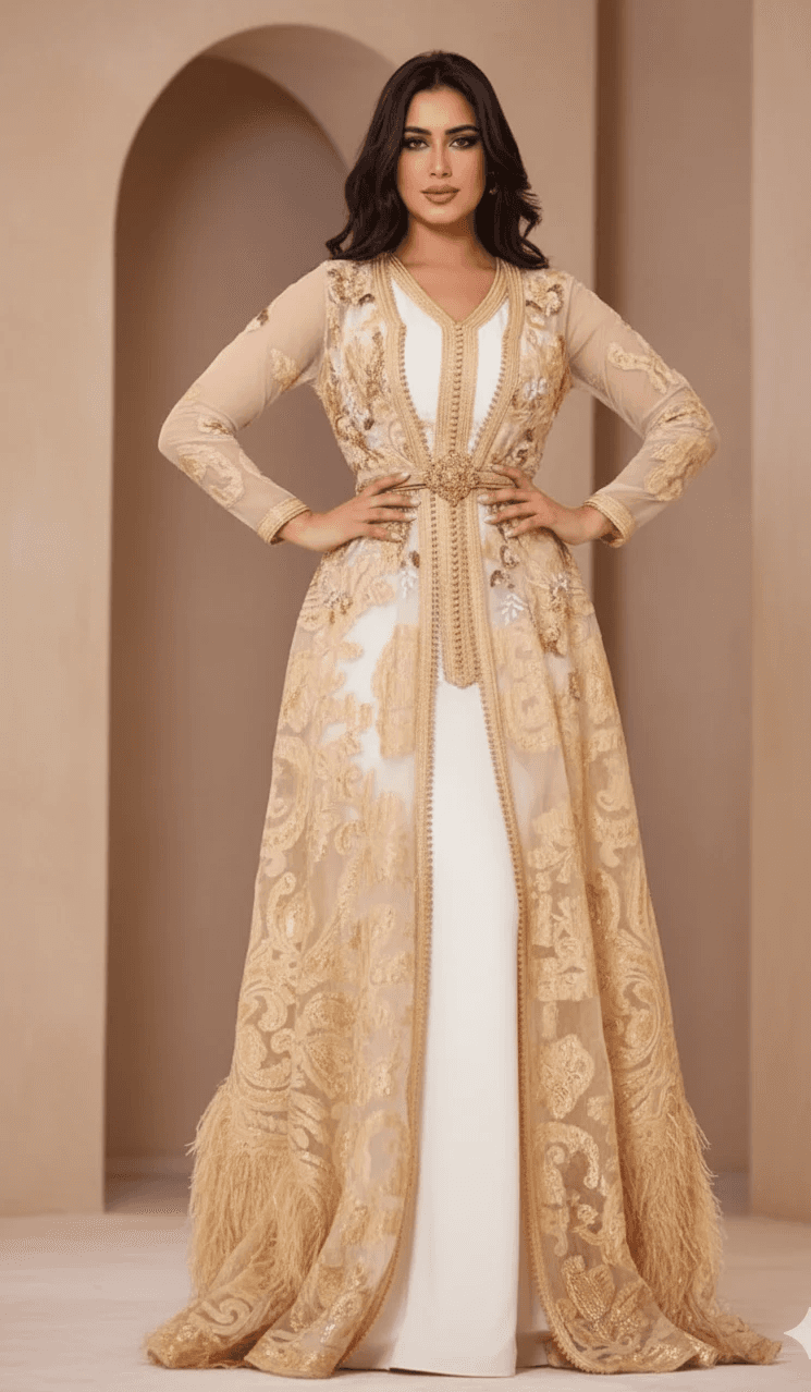 Beige and gold Moroccan caftan with intricate embroidery, handmade luxury caftan crafted in Morocco and Bahrain