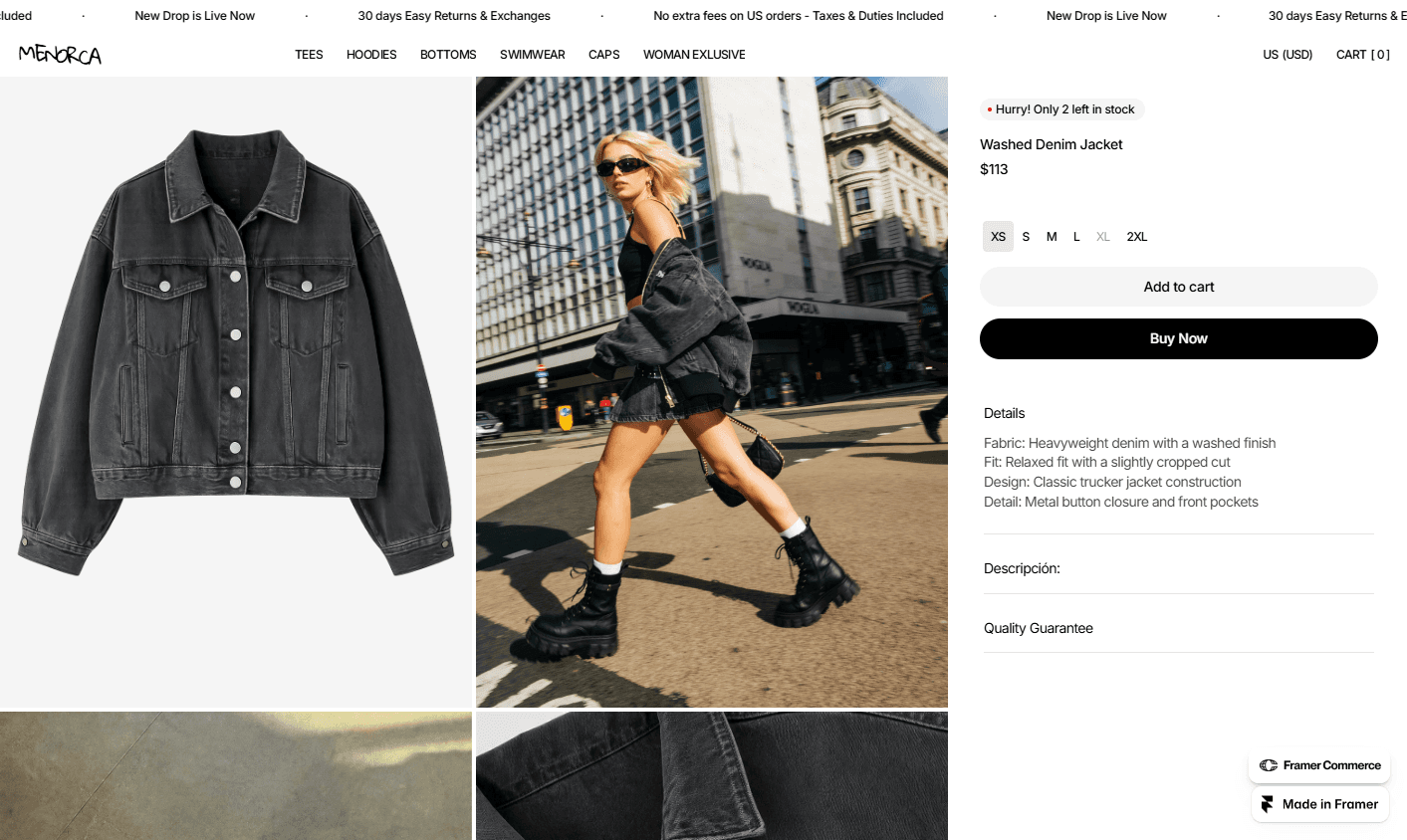 Product detail section featuring a black denim jacket alongside lifestyle imagery of models.