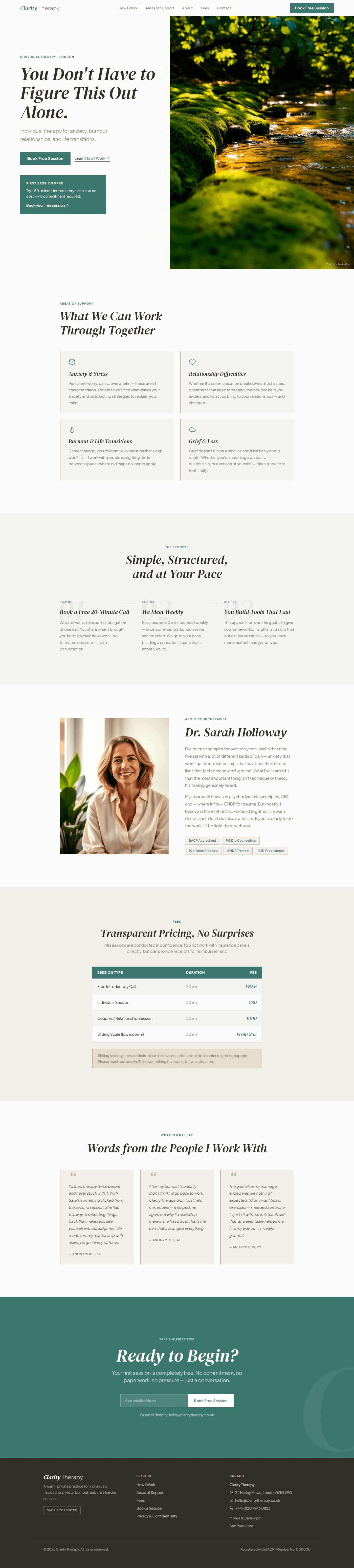 Lovable-generated Clarity Therapy therapist site in sage teal and warm white