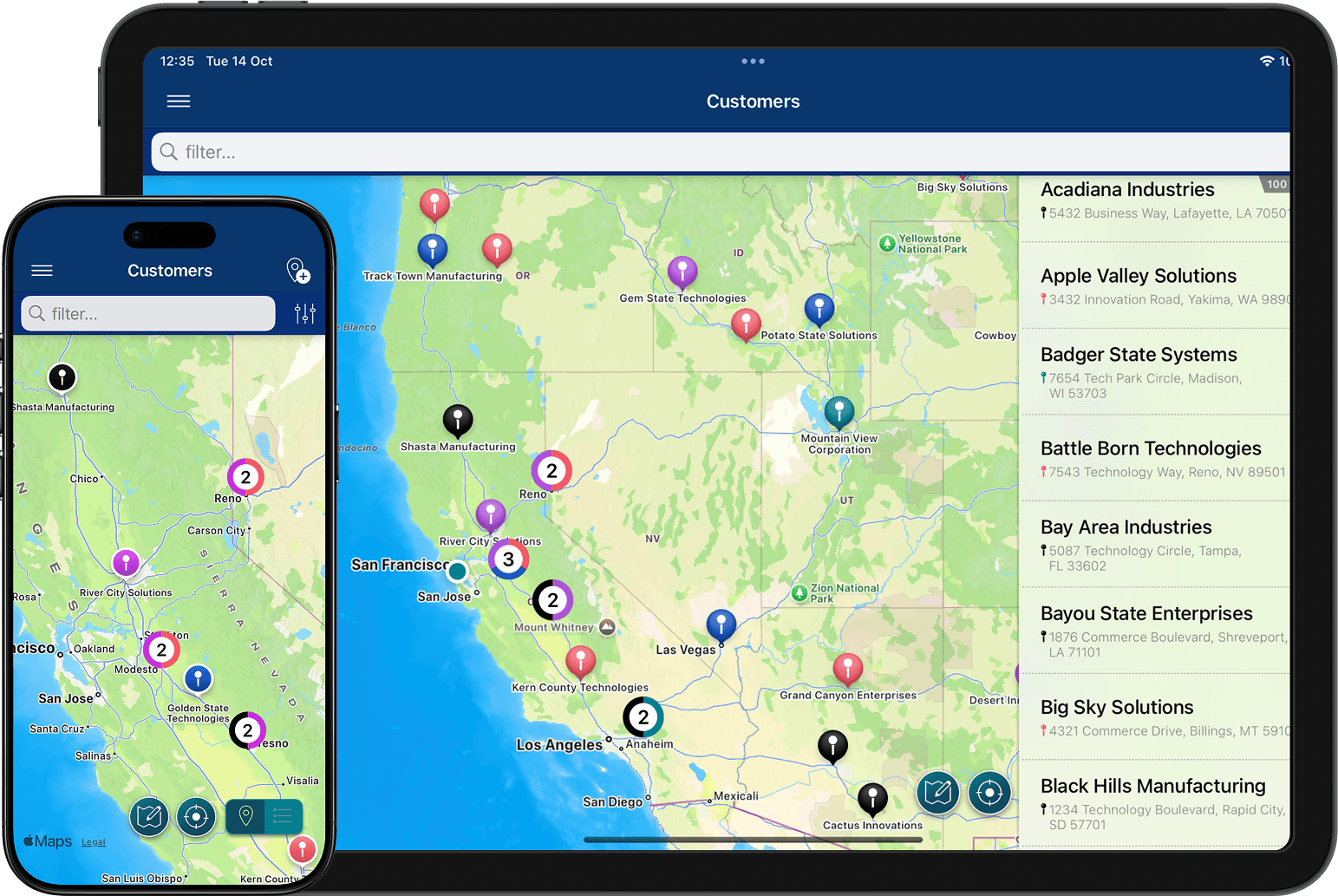 iPhone and iPad displaying the Gentmo app with a customer map