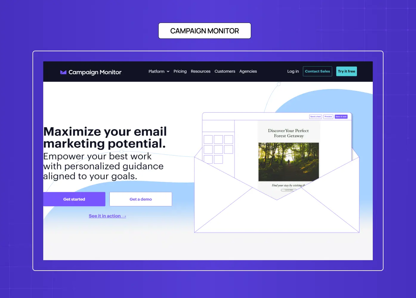 Campaign Monitor landing page promoting email marketing tools with personalized campaign visuals.