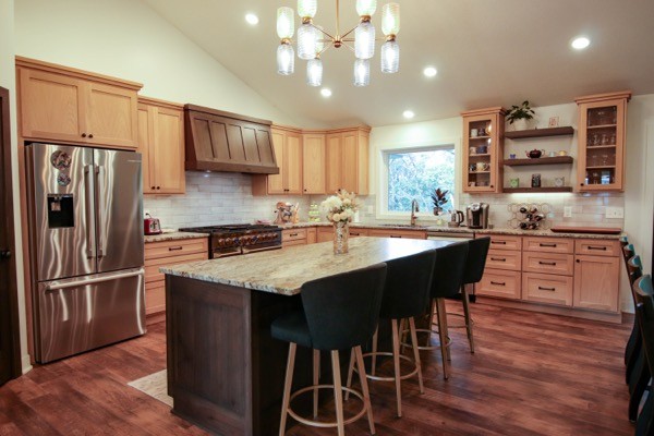 Full kitchen remodel dark wood floors light wood cabines