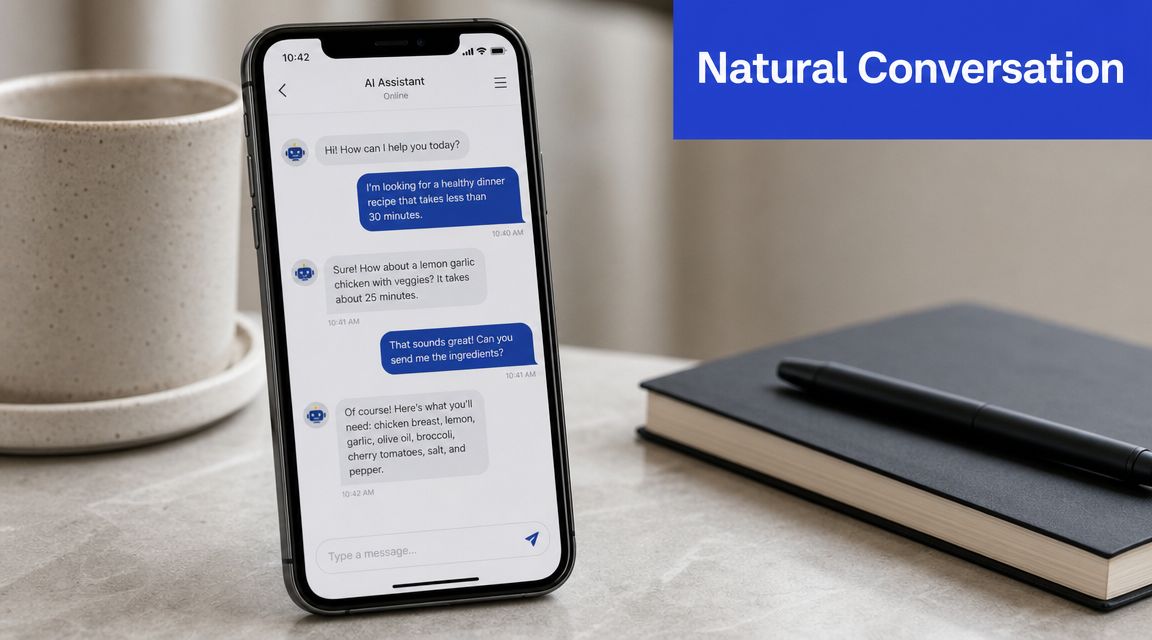 A smartphone screen displaying an AI assistant chatbot conversation about a healthy recipe on a desk.