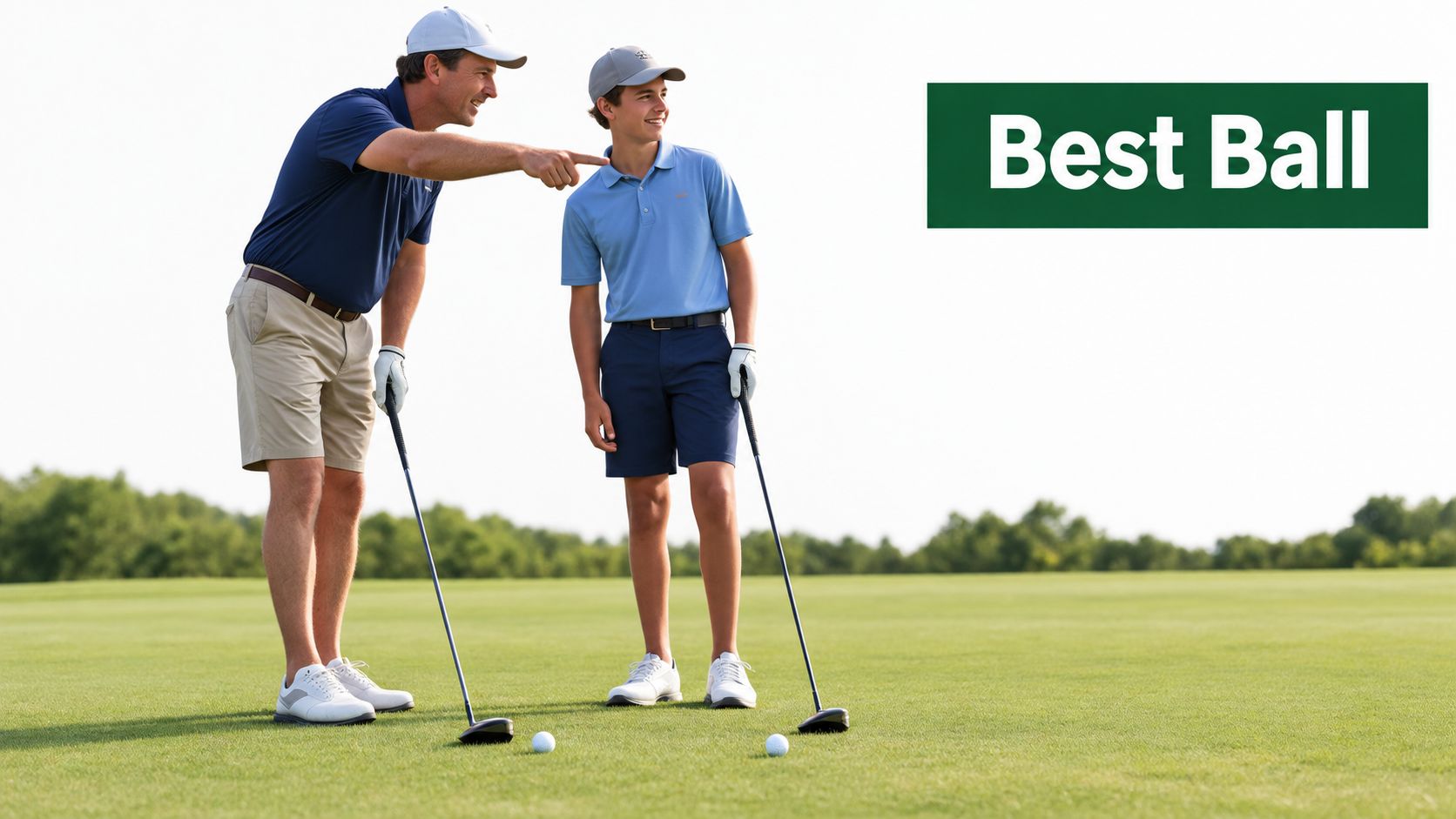 A father teaching his young son how to play golf on a sunny golf course.