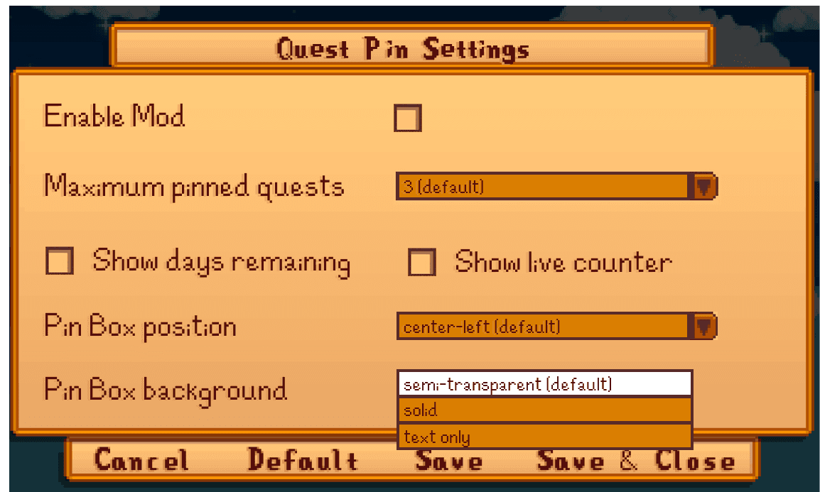 Quest Pin Settings menu with background opacity dropdown open.
