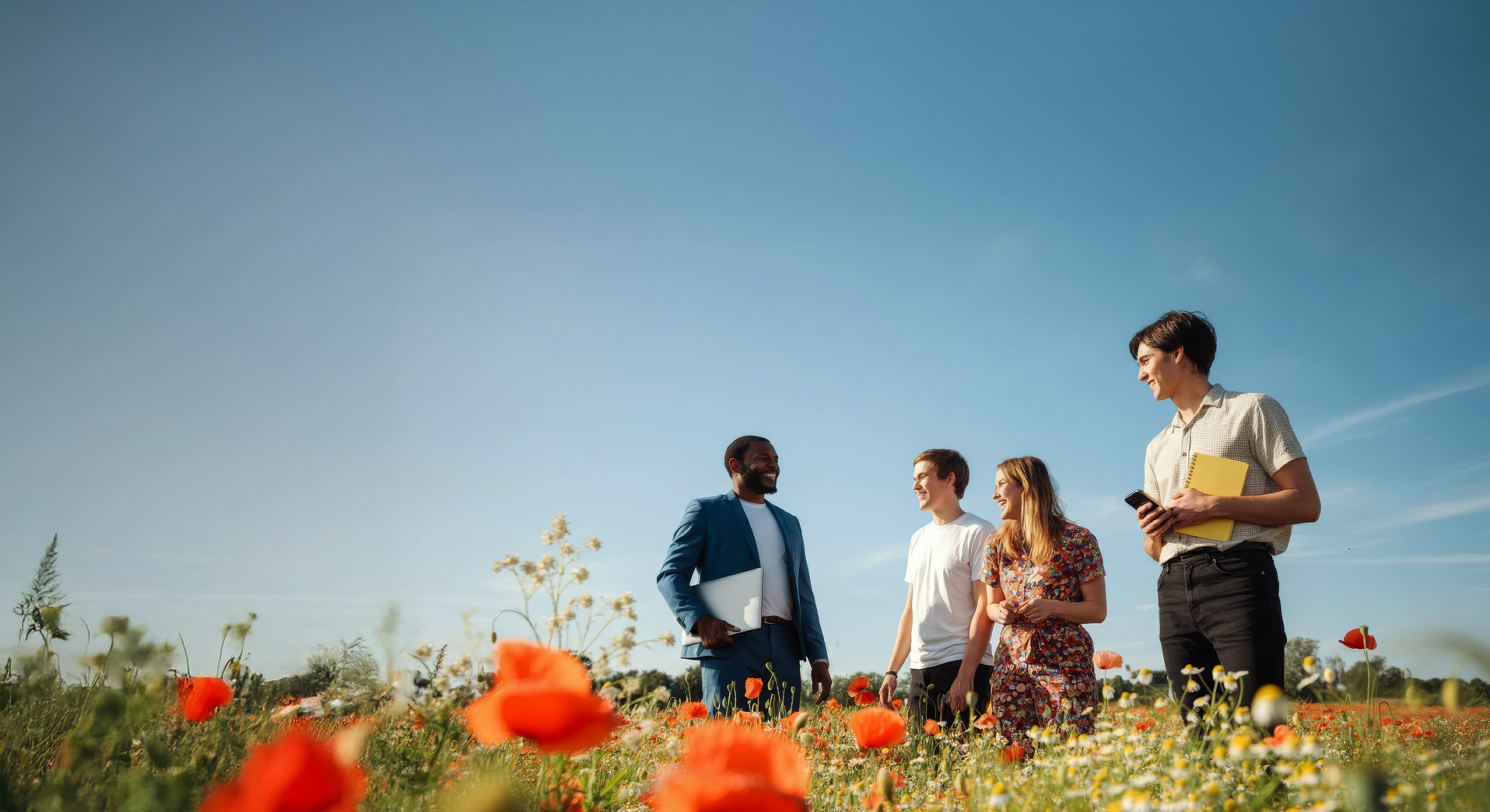 Équipe professionnelle à l'extérieur dans un champ de fleur