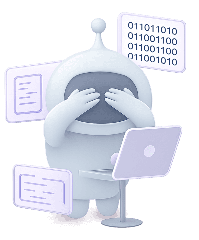 The Jamworks robot mascot covering it's eye with its palms whilst standing in front of a laptop, with various data illustrations floating around it