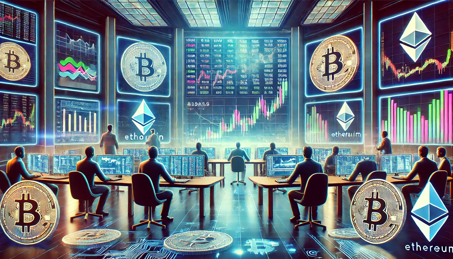 Institutional traders analyzing cryptocurrency market trends on a futuristic trading floor with digital asset charts and blockchain networks.