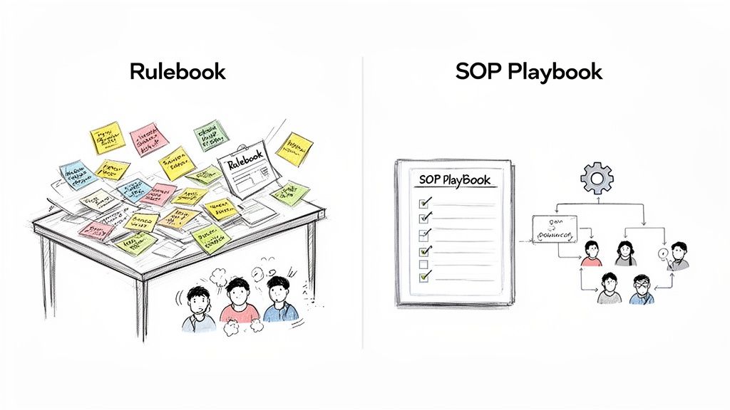 Illustration contrasting a disorganized rulebook with an efficient, structured SOP playbook and team.