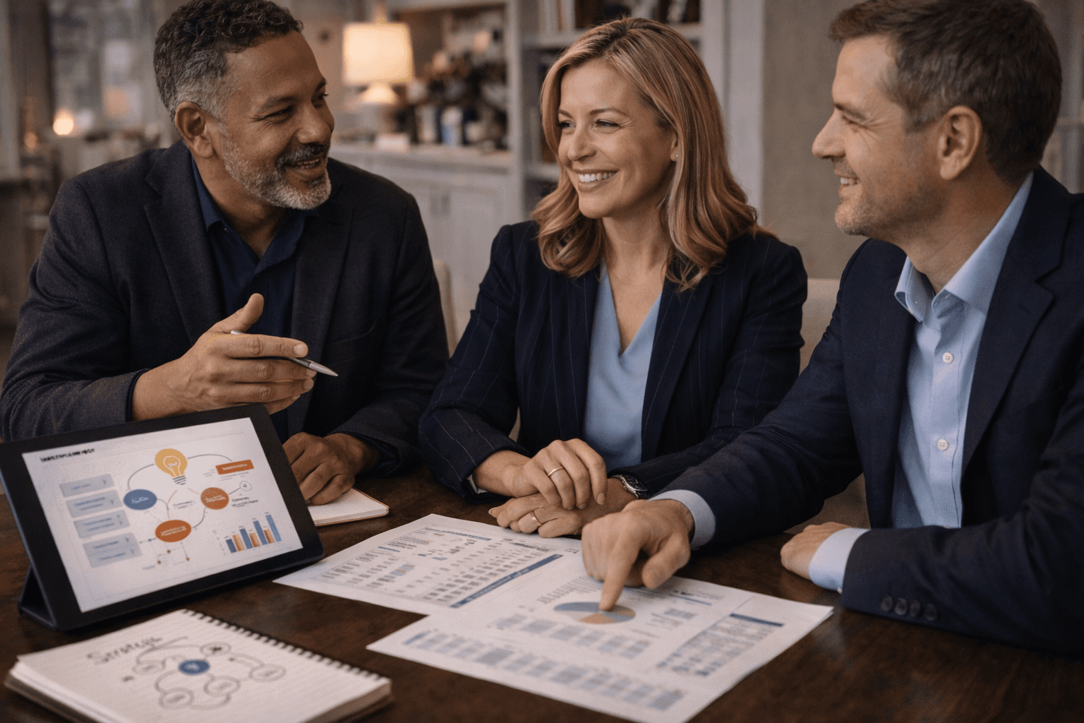 Business professionals reviewing financial reports together at a conference table, discussing strategy and client outcomes