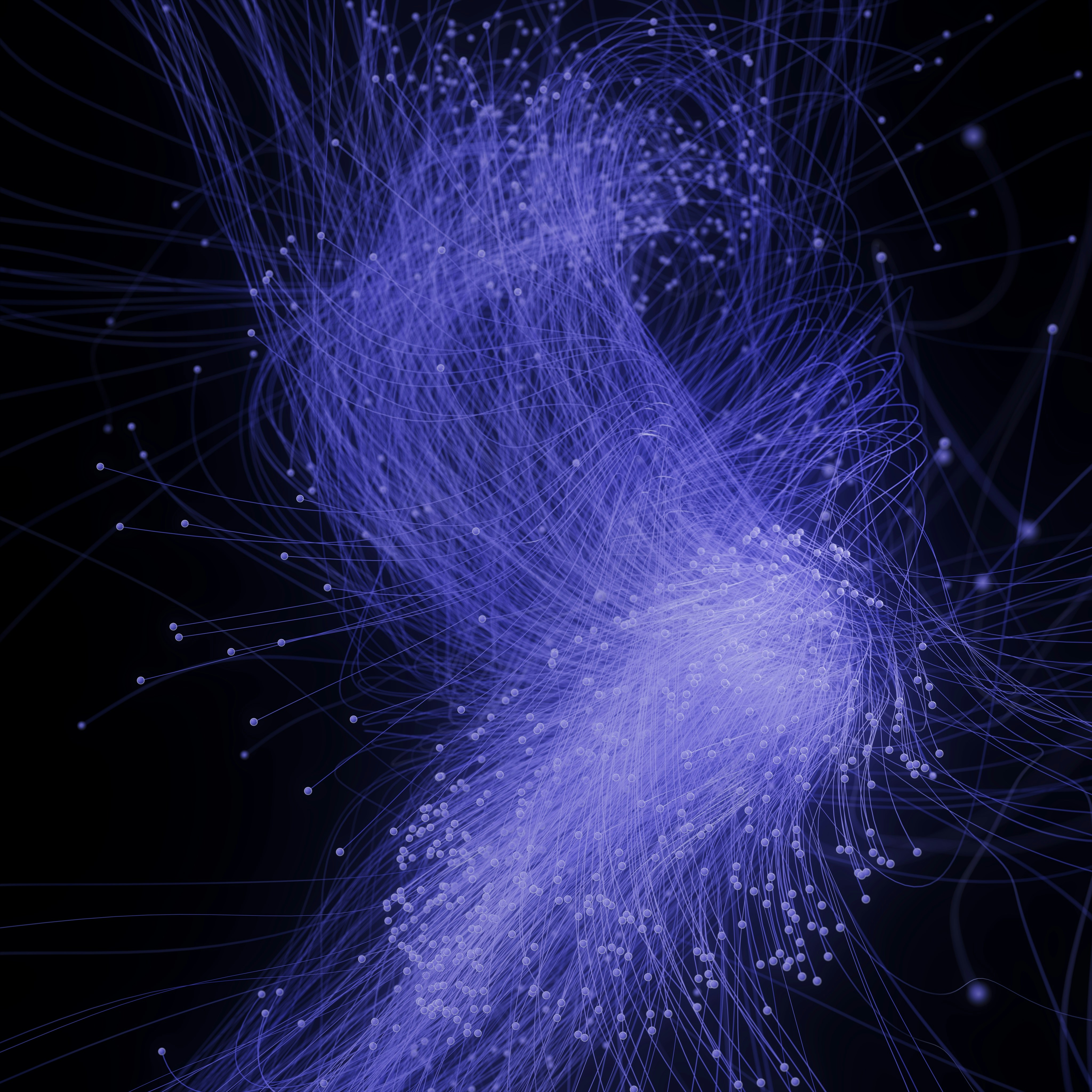 Abstract blue lines and dots on black background.