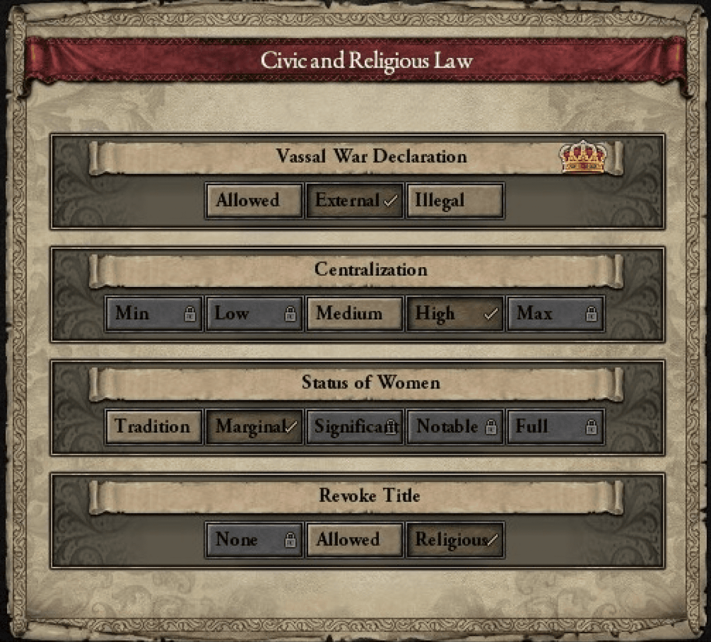 Crusader Kings 2 · Paradox again, but a different genre. Laws are picked like tabs, and its tooltips carry different information again.