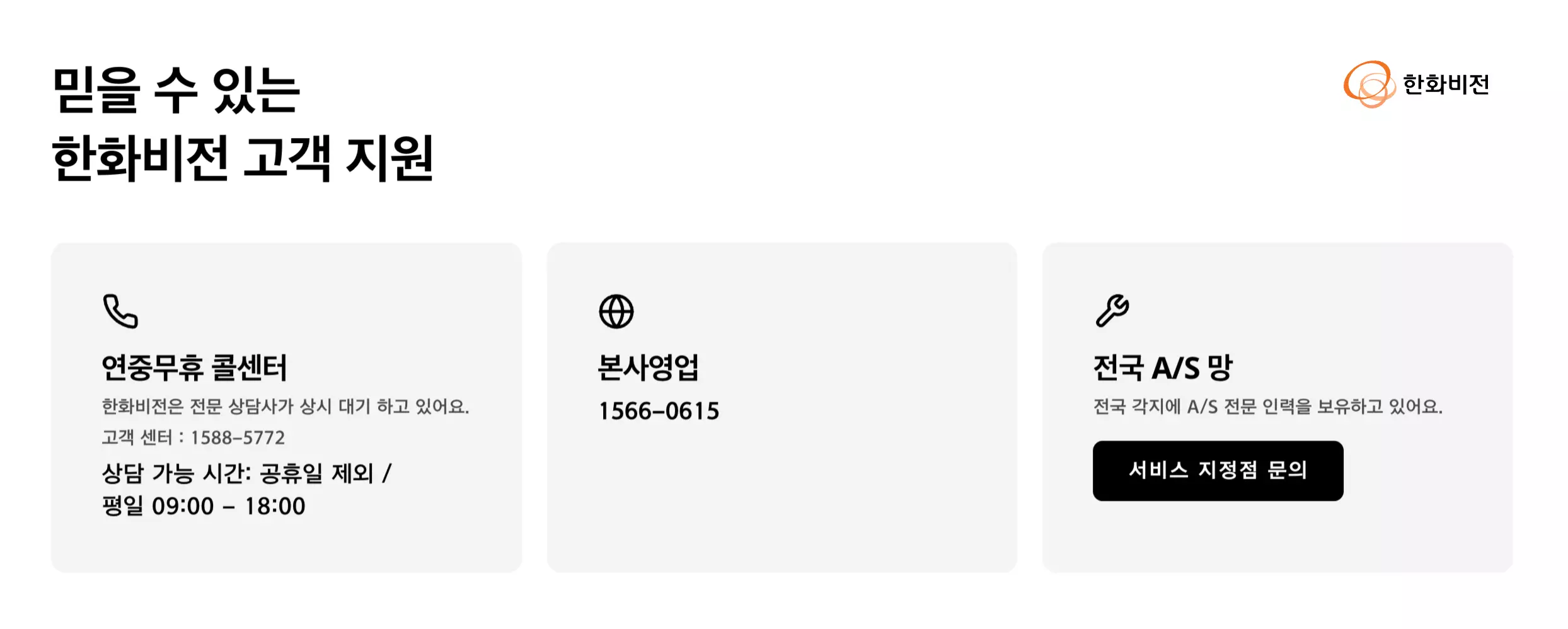 한화비전 고객 지원 안내 페이지로 콜센터 전화번호와 A/S 문의 정보가 정리된 화면