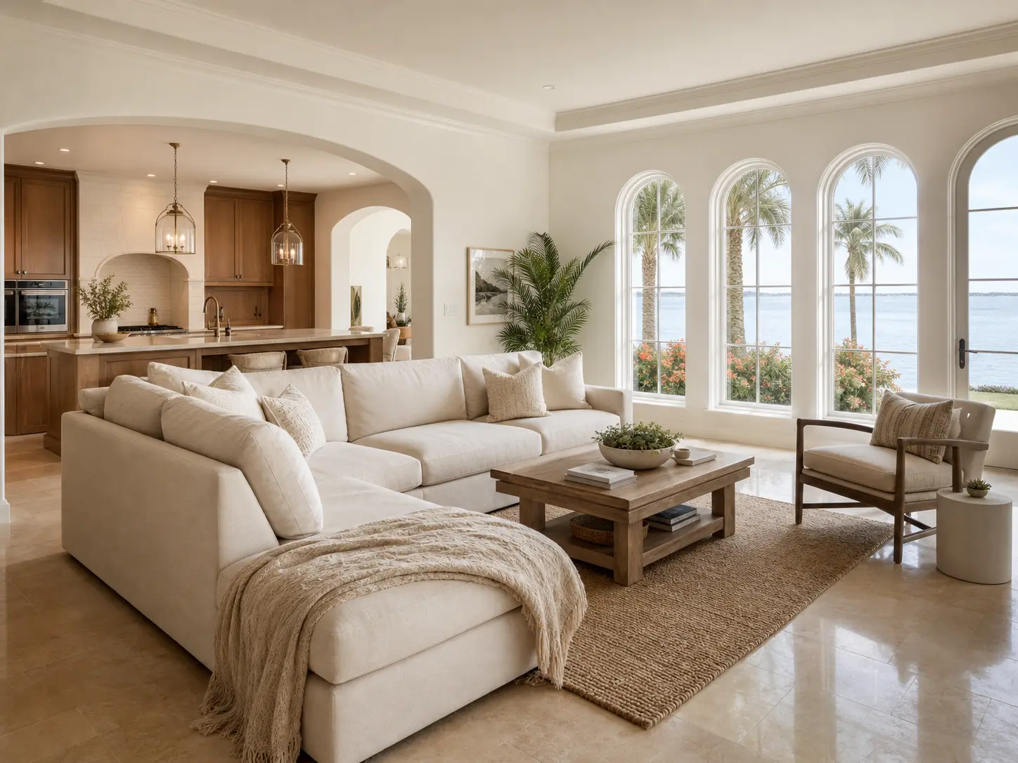 Elegant open-concept living room with cream sectional sofa, arched windows showcasing waterfront and palm tree views, flowing into gourmet kitchen with wood cabinetry and pendant lighting