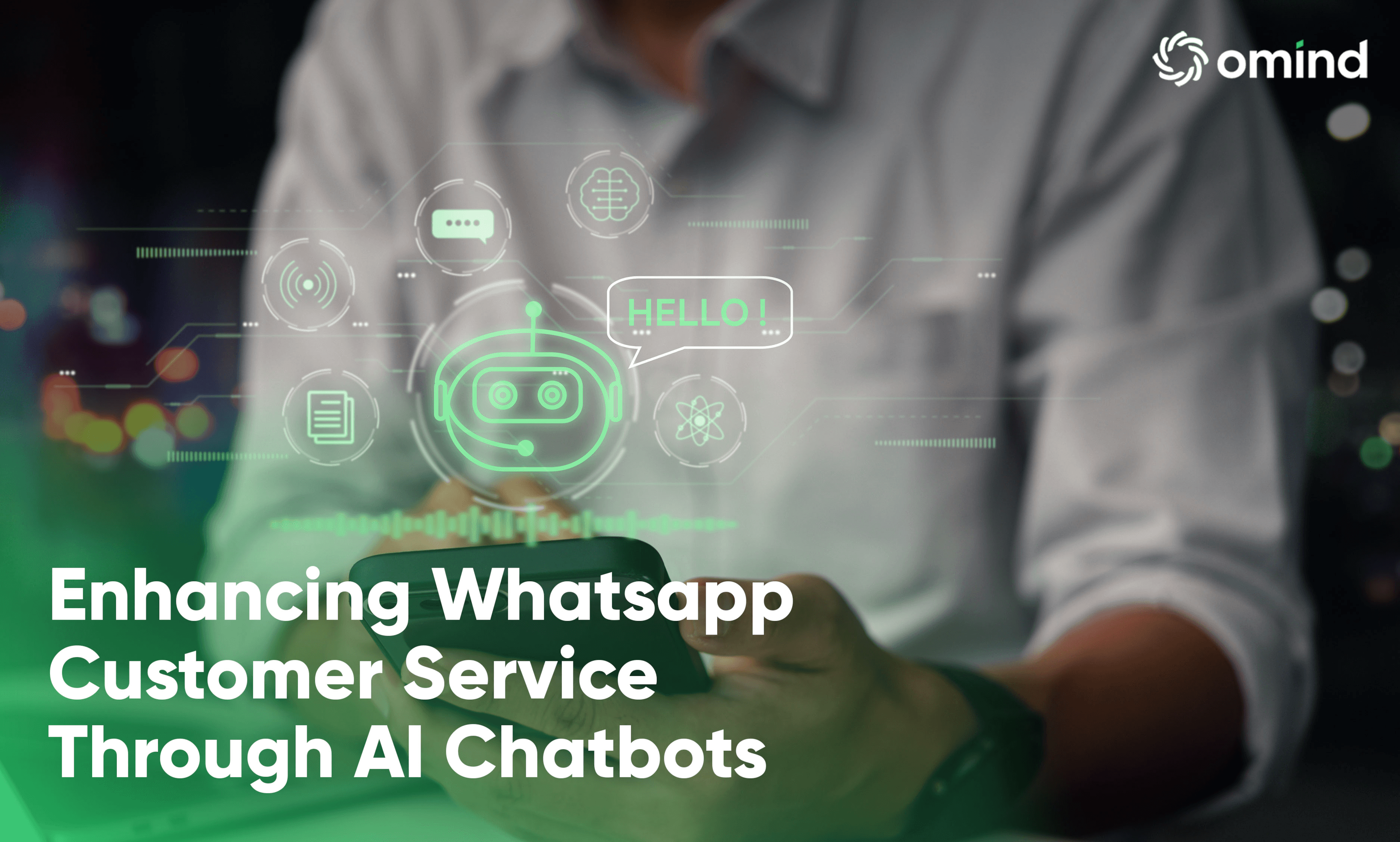 A representation of an AI chatbot offering assistance, with digital interfaces suggesting streamlined customer service in a WhatsApp chat.