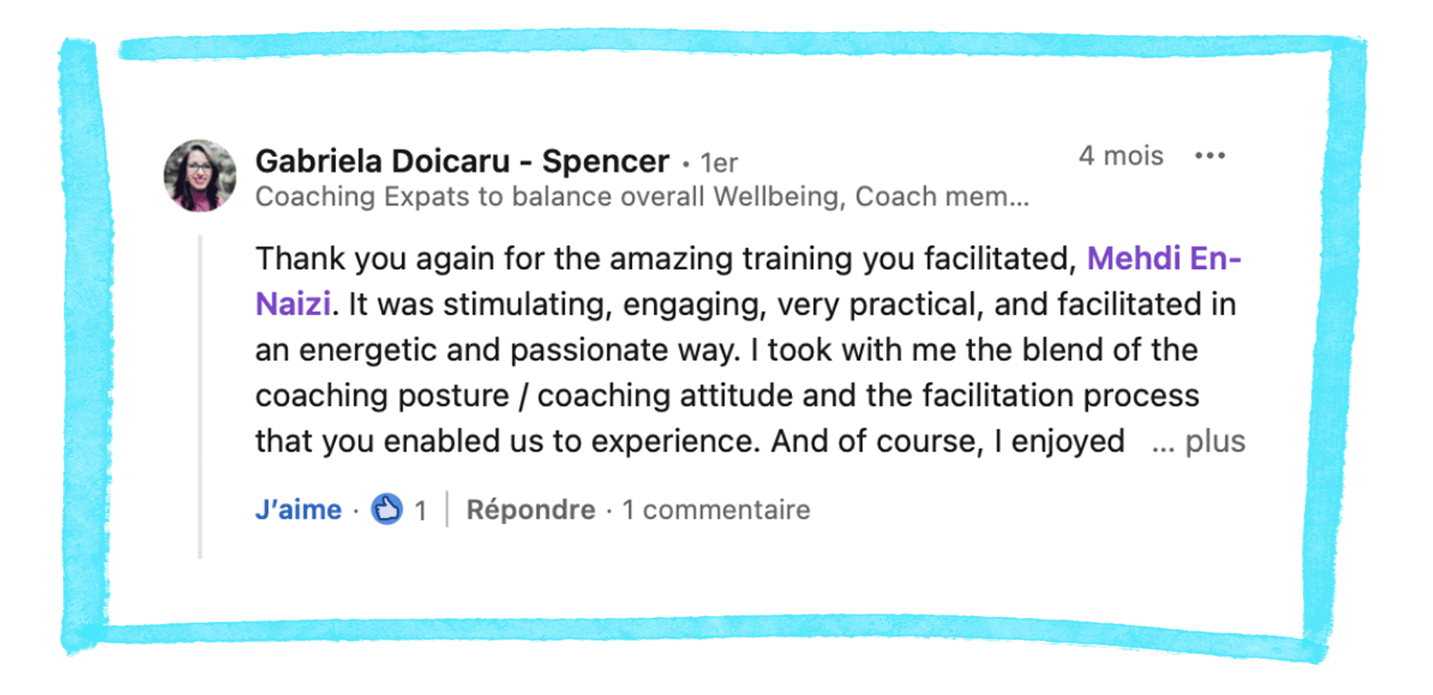 Feedback from Gabriela Doicaru-Spencer on practical facilitation by Mehdi En-Naizi.