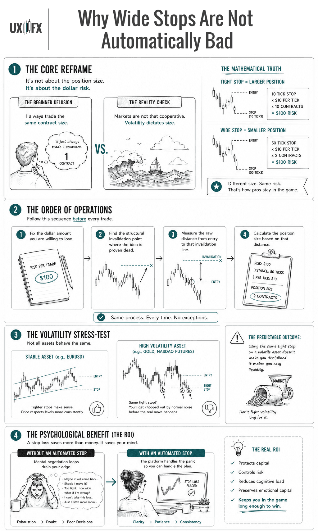 A minimalist, dark-mode infographic diagram titled "The Position Sizing Shift: Keeping Risk Constant" designed in a clean, 2D vector blueprint layout with white text and sharp teal accents. The infographic is structured into four sequential sections: 1. "The Core Reframe": A visual contrast showing that a 10-tick tight stop with a large position size and a 50-tick wide stop with a small position size both equal the exact same $100 total risk. 2. "The Order of Operations": A sequential 4-step workflow diagram: Step 1, fix your dollar risk; Step 2, locate the structural invalidation point on the chart; Step 3, measure the raw tick distance from entry; Step 4, solve for position size. 3. "The Volatility Stress-Test": A side-by-side comparison block contrasting a slow, tightly bound line chart labeled "Stable Asset" with a sweeping, wide-ranging line chart wrapped in a teal breathing-room boundary labeled "High-Volatility Asset (Gold/NQ)." Text notes that a rigid tight stop on volatile assets results in getting prematurely chopped out by normal market noise. 4. "The Psychological Benefit": A conceptual diagram framing an automated stop loss as a cognitive load reducer, contrasting an exhausting, looping flowchart labeled "Mental Negotiation Loops" with a single, clean directional path labeled "Immediate Mental Relief via Automated Execution."