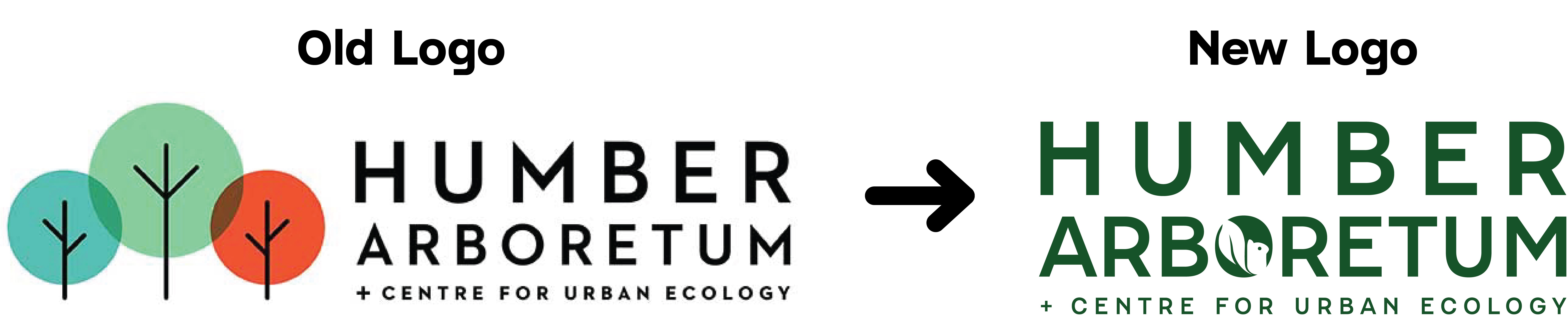 A branding comparison card showing the old Humber Arboretum logo with three coloured tree icons beside the new modern logo featuring green typography and a stylized leaf‑and‑bird graphic inside the letter O. The card also displays the updated colour palette and a set of icons representing amenities and park rules.