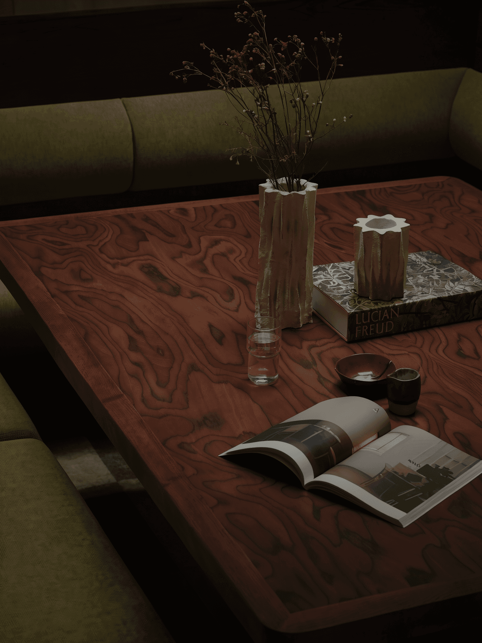 Wood dining table styled with green decorative elements in a modern interior - AI generated image