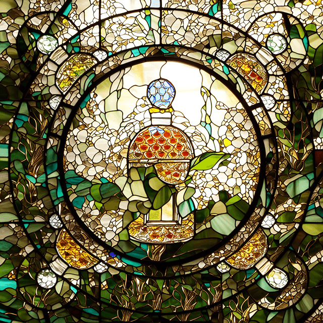 Celebrating Guerlain Bee Bottle 170th anniversary by depicting the bottle as an Art Nouveau stained glass window through generative AI.