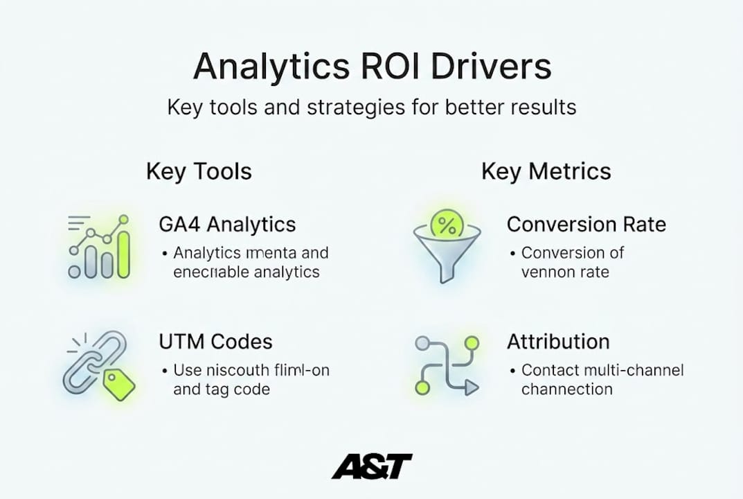 Infographic with tools and metrics for analytics ROI