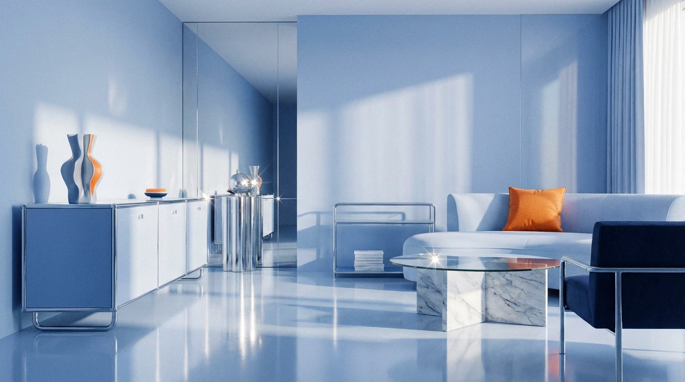 Salon moderne minimaliste bleu avec canapé blanc, coussin orange, table en marbre et mobilier chromé.