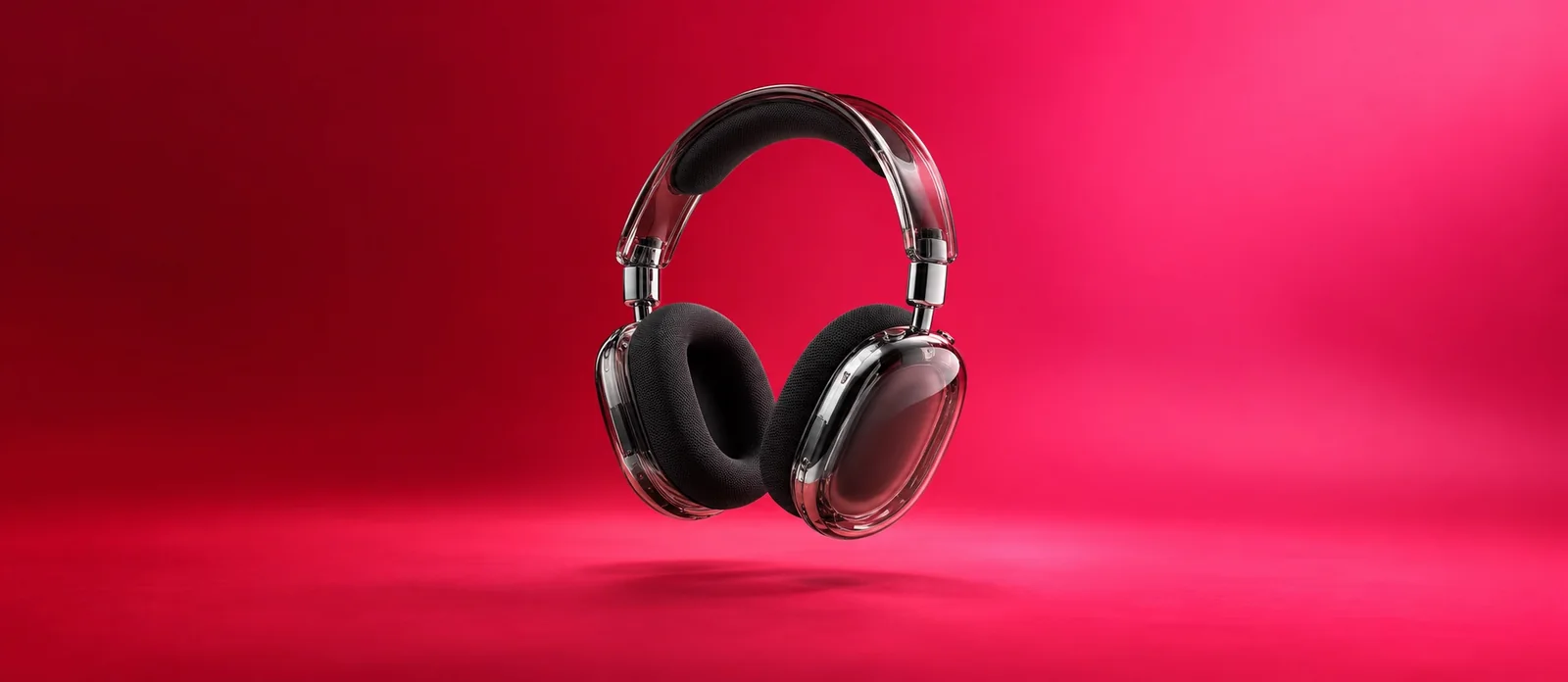 Transparent sculptural headphones on a vivid red and pink background