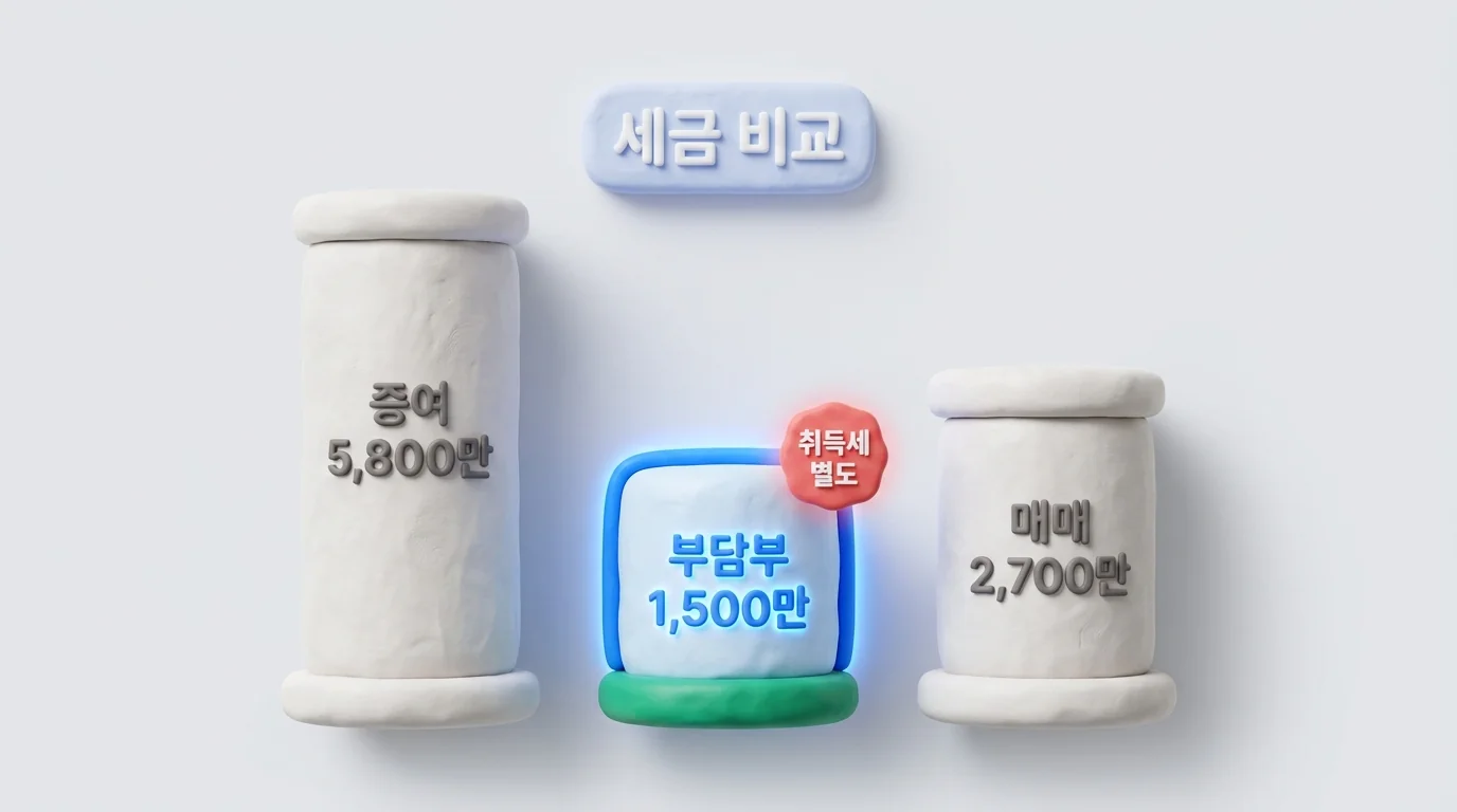 증여 약 5,800만·부담부증여 약 1,500만·매매 약 2,700만 원 세금 비교(취득세 별도)
