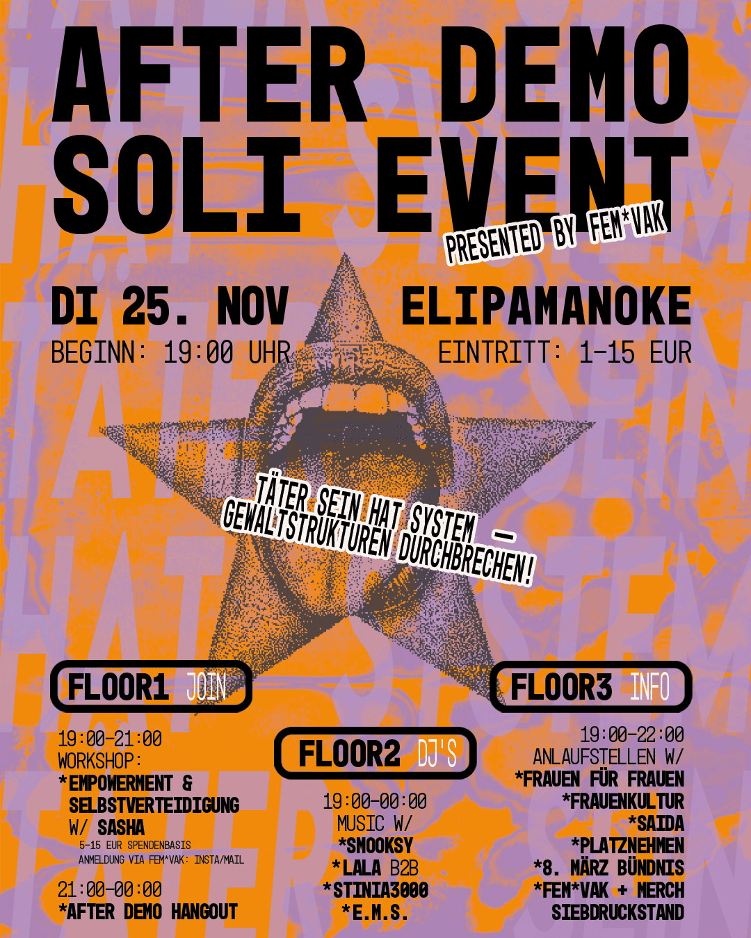 Plakat für die ‚FEM*VAK Showcase‘-Veranstaltung der Distillery: schwarzer Hintergrund, große lilafarbene Typografie und Sternsymbol, seitlich URL ‚distillery.de‘, unten Datum 15/11 in Orange und Lila.