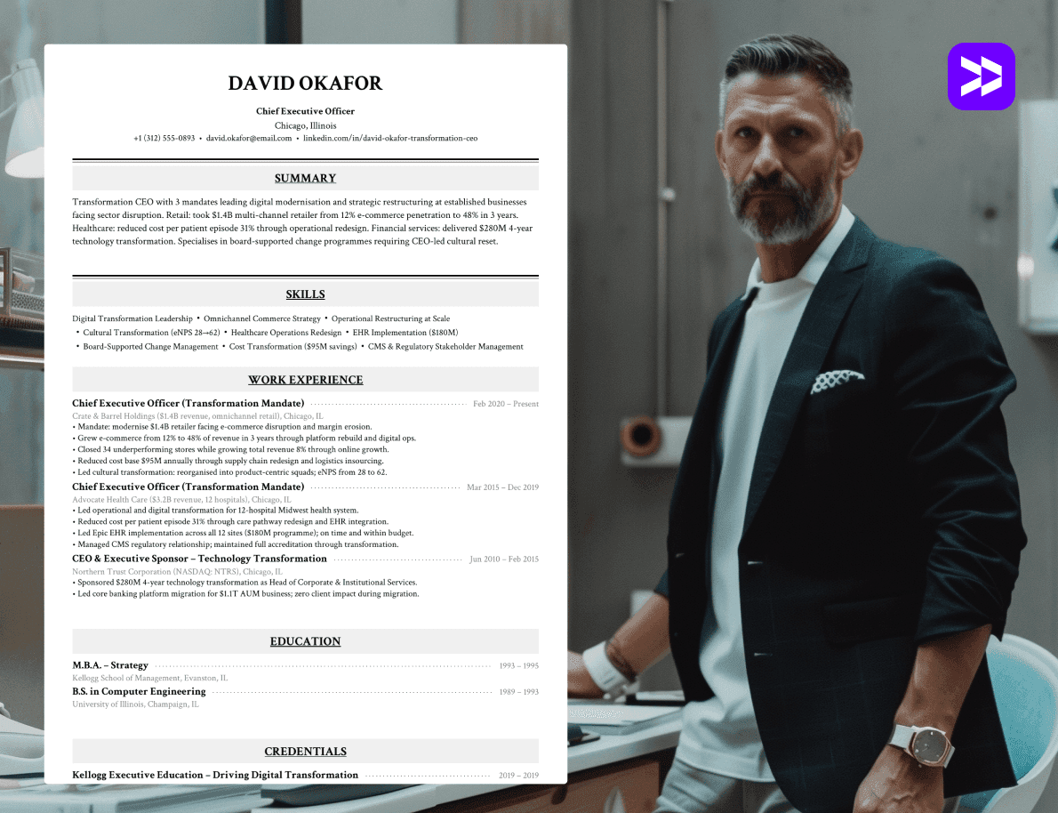 Executive CV example in professional boardroom setting