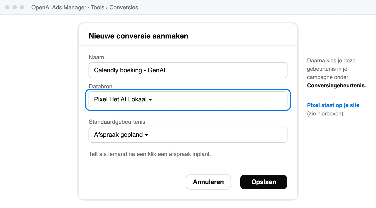 Schematische weergave: Een conversie aanmaken: naam, pixel als databron en een standaardgebeurtenis. Kan ook direct in de campagnewizard via "+ Nieuwe conversie aanmaken".