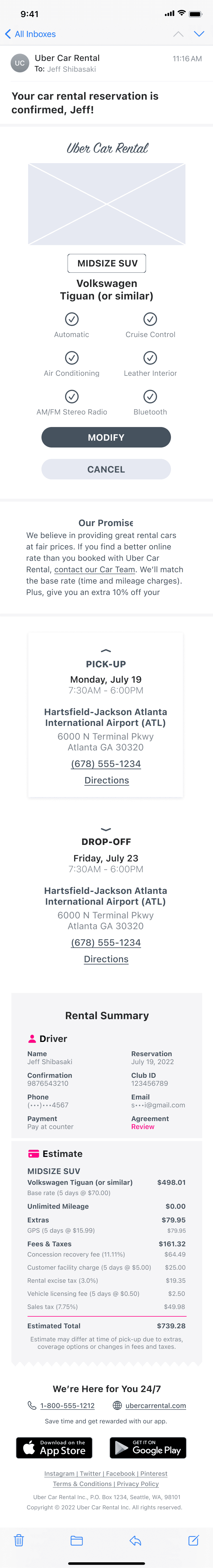 First draft of the personalized car rental confirmation email