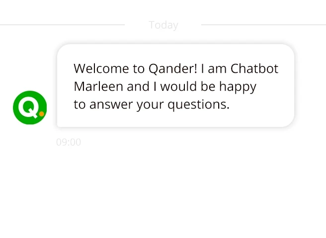 Chatvenster waarin Marleen, de AI Agent van Qander, een bezoeker begroet