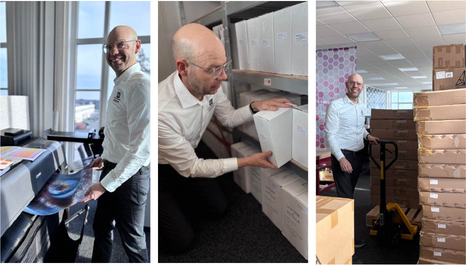 a man, printing, stacking shelves and checking inventory and shipping product to a customer