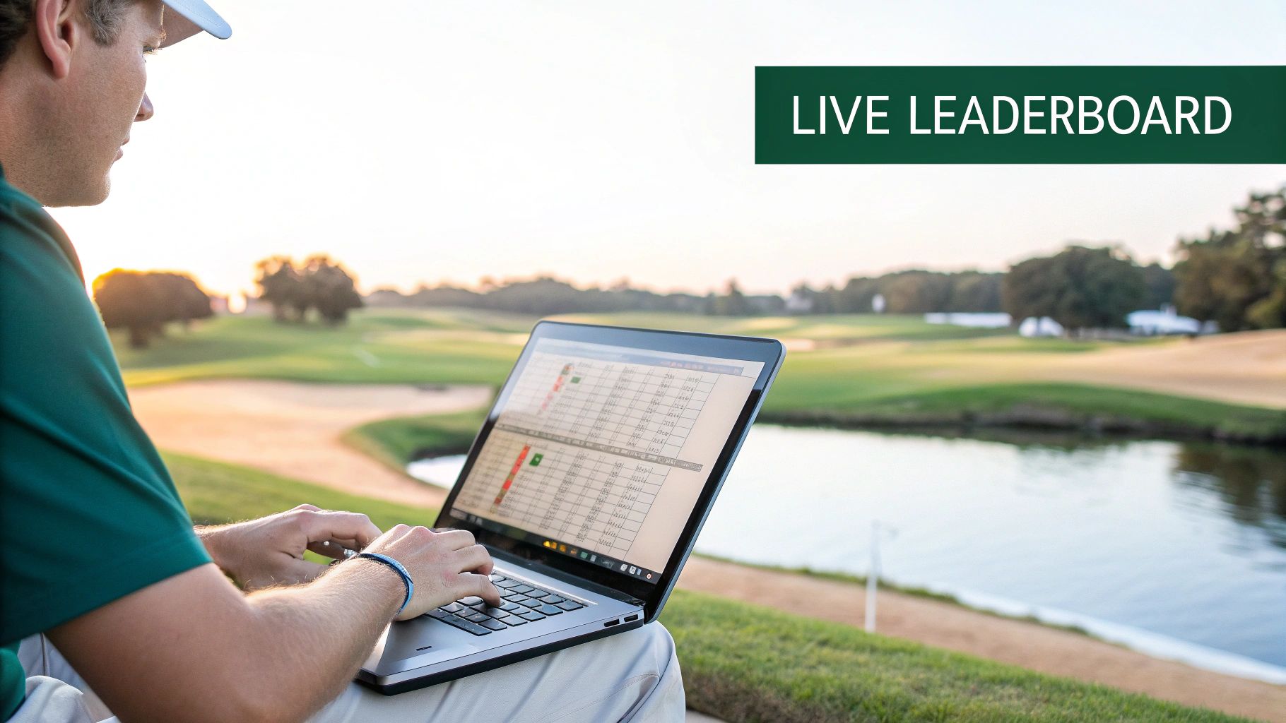 Man on a golf course using a laptop to view a live golf leaderboard at sunset.