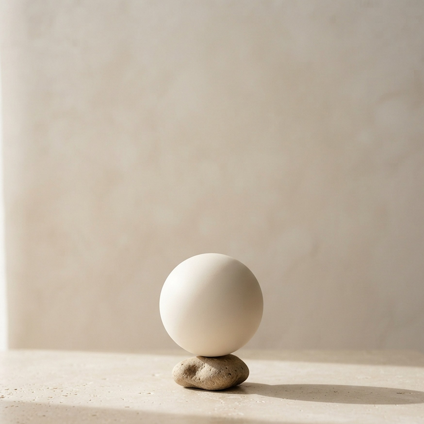 A white ceramic sphere balanced on a small stone