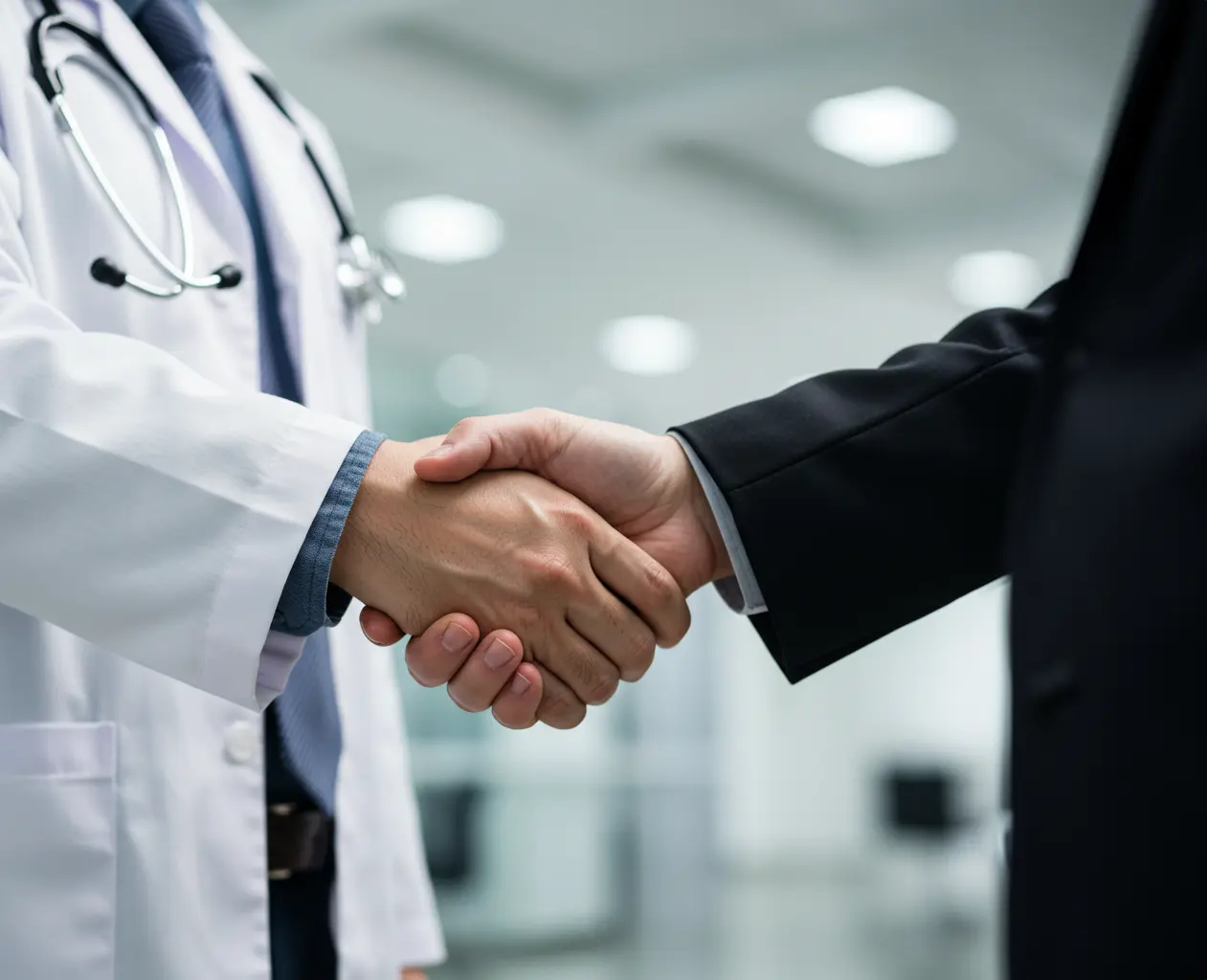 A close-up of two hands shaking, one wearing a doctor's coat and the other dressed in a suit.