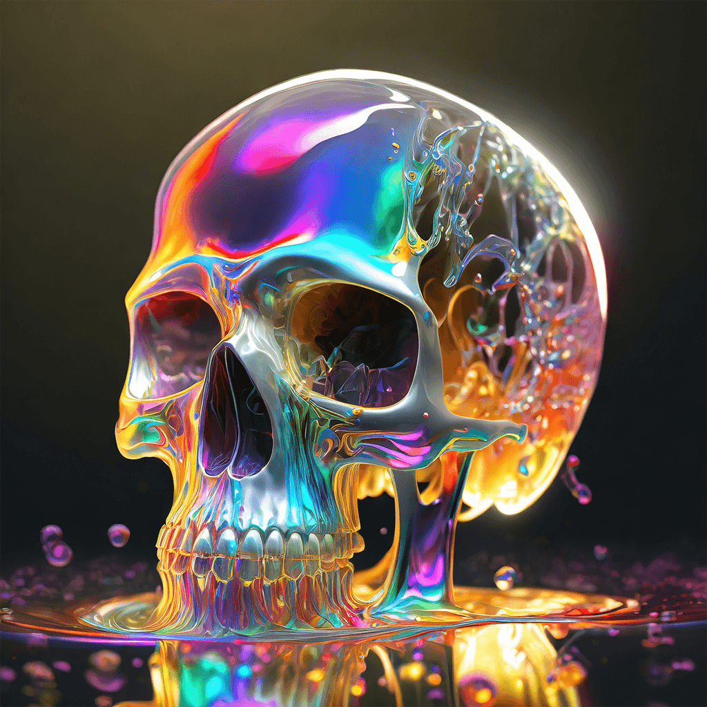 A translucent, iridescent liquid skull under the influence of light, hyper-detailed, realistic