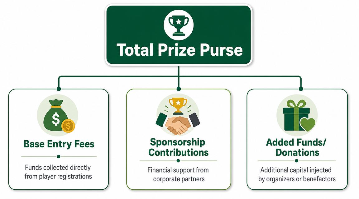 A diagram illustrating the three components that make up a total prize purse for competitive tournaments.