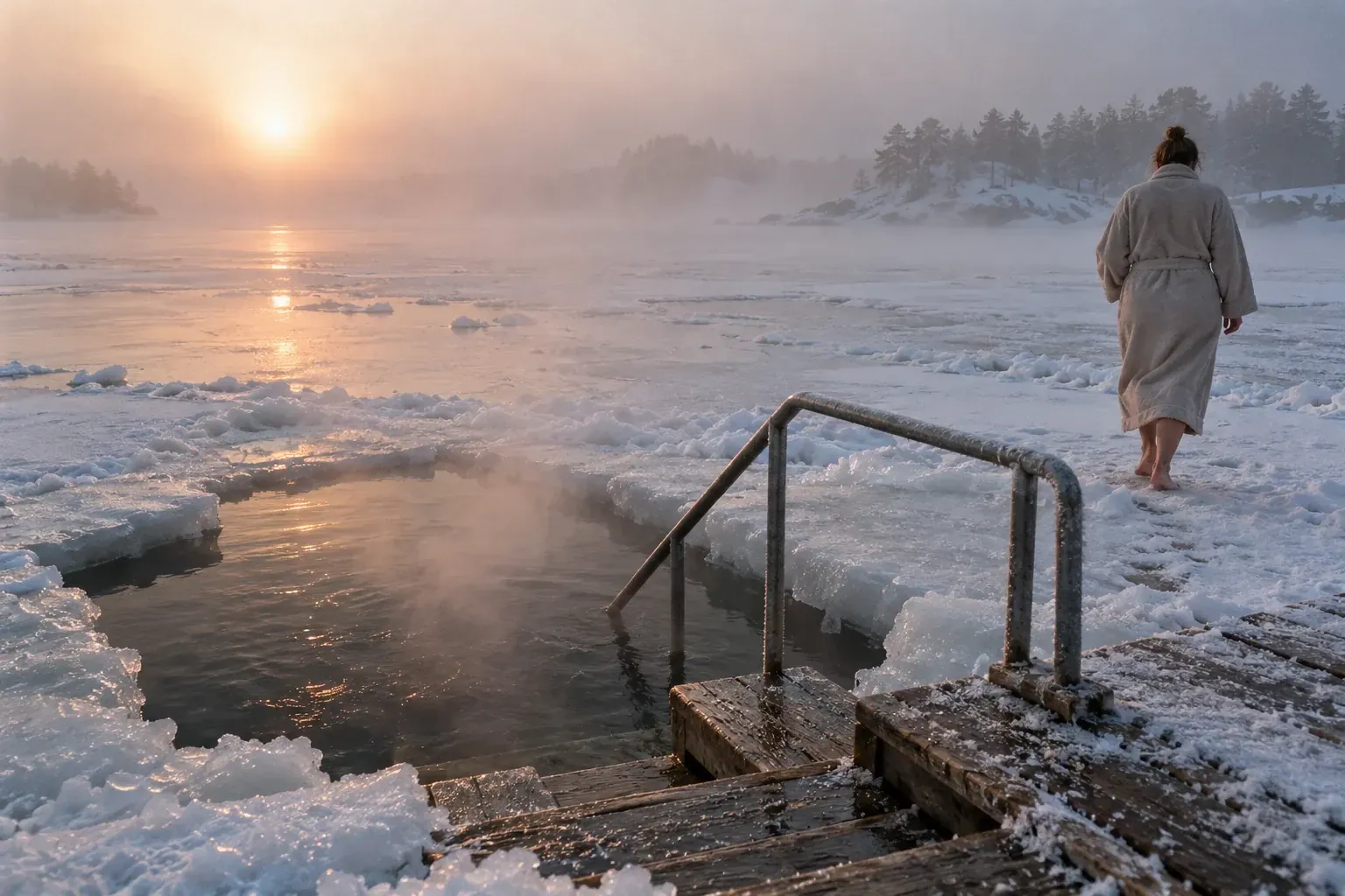 A swimming hole cut in the frozen sea with wooden steps and a handrail, steam rising, a person in a bathrobe walking away in fog.