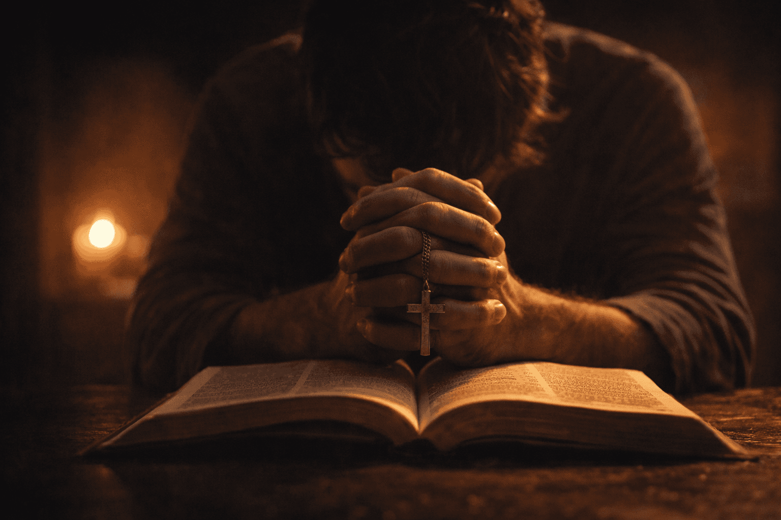 Person praying over an open Bible in candlelight with clasped hands and cross symbolising the sinner’s prayer