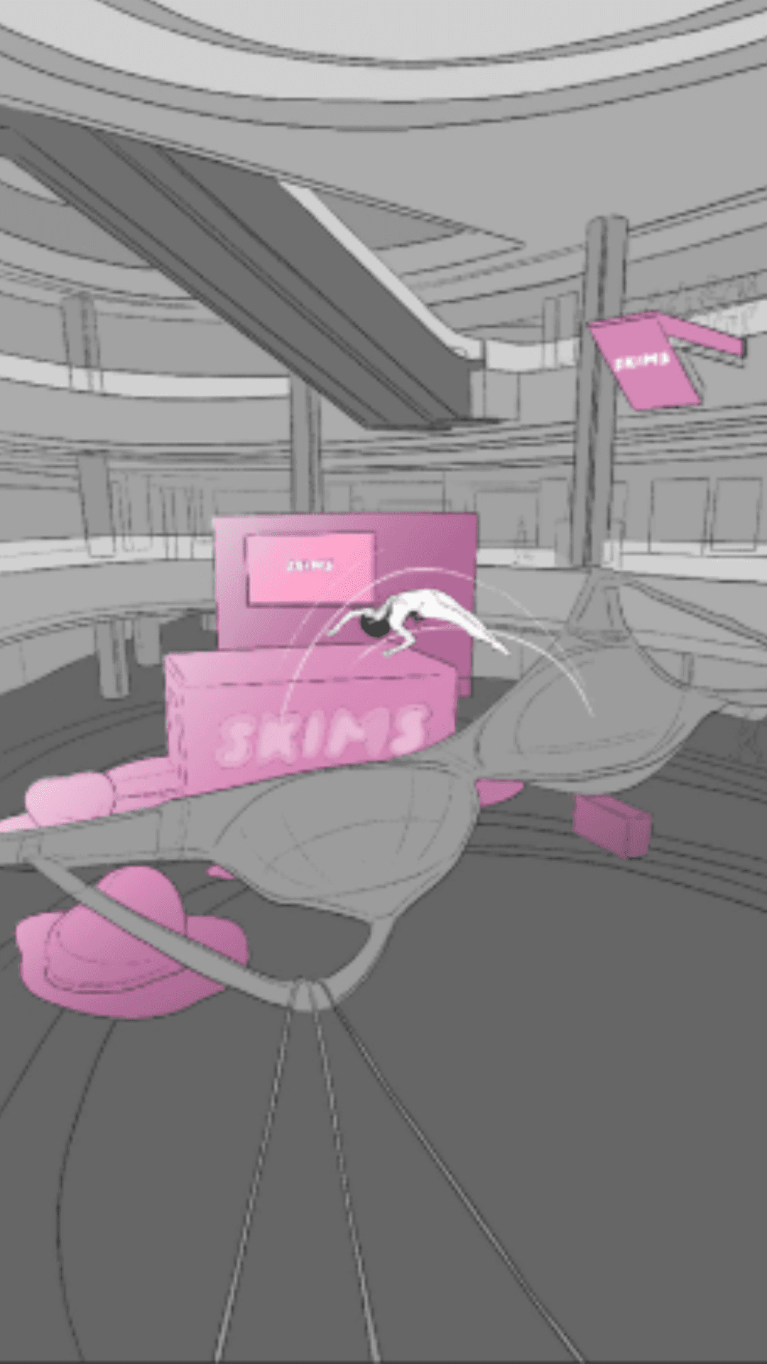 The person makes contact with the surface of the inflatable, shown mid-bounce