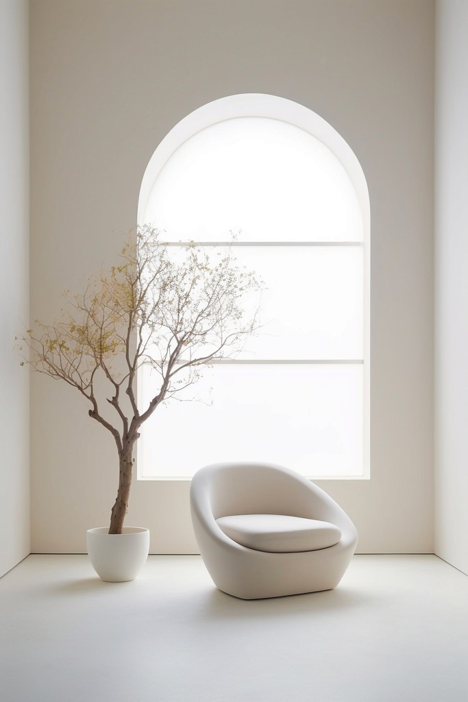 Minimalist room with potted trees and round wall mirrors