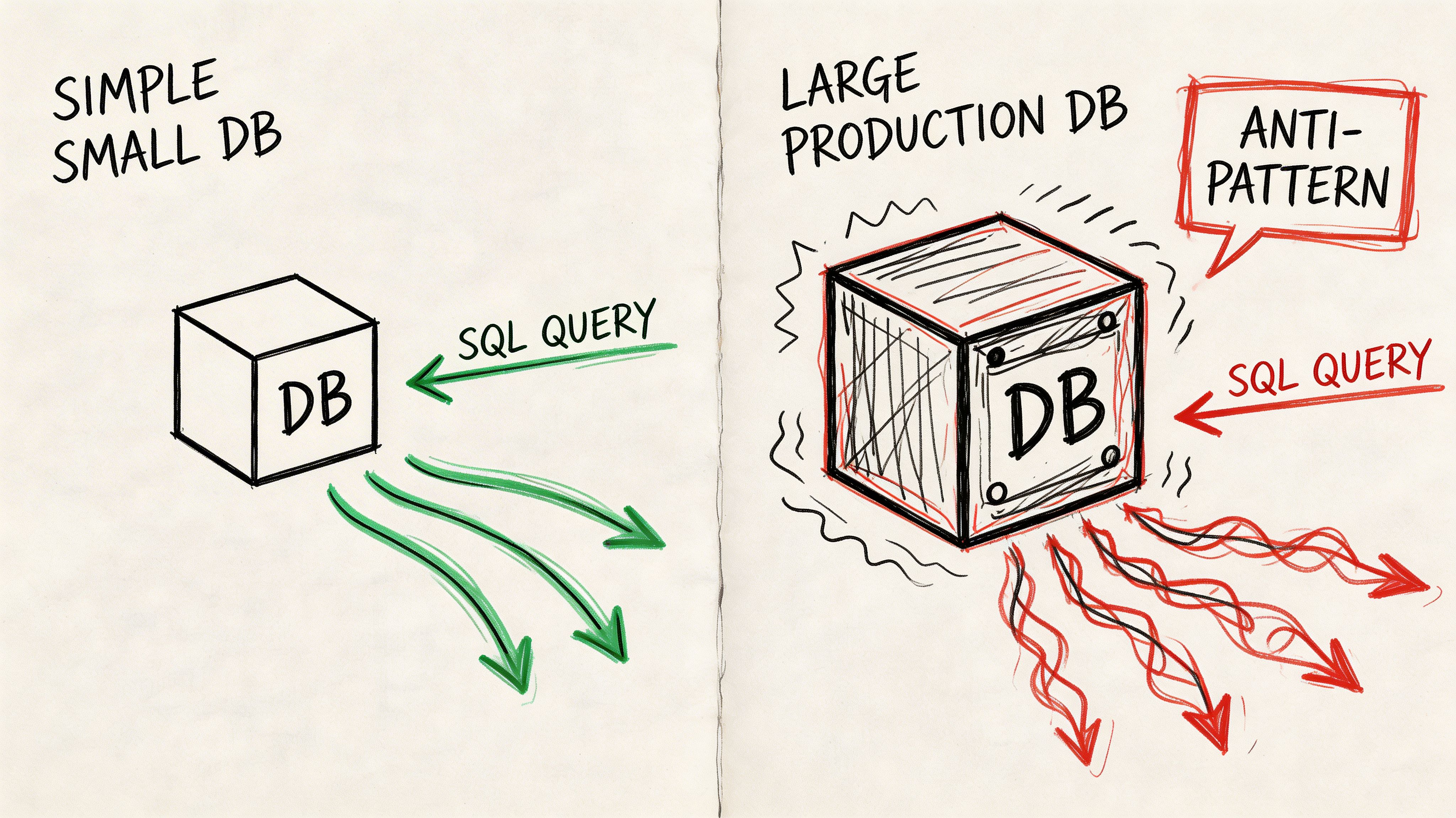 A hand-drawn comparison showing a simple small database versus a problematic large production database using SQL queries.