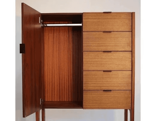 Wooden chifferobe with closet door open reveals chrome clothing rod.