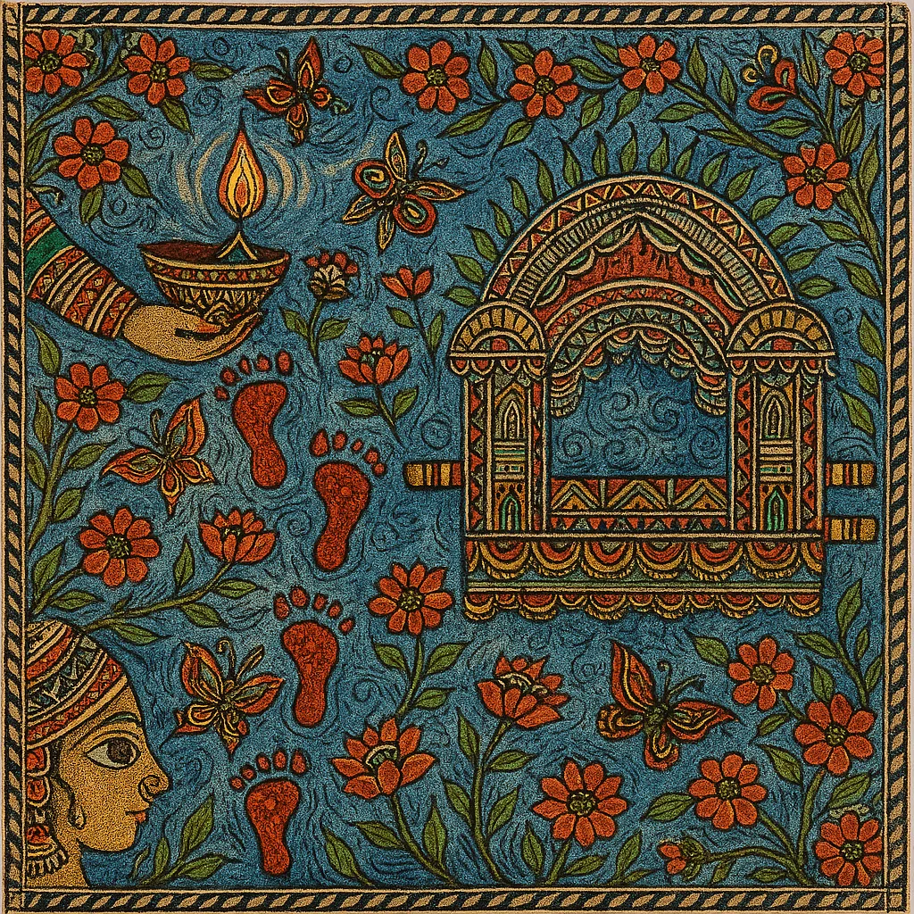 Symbolic depiction of bride going to in laws house- doli,lamp and alta feet